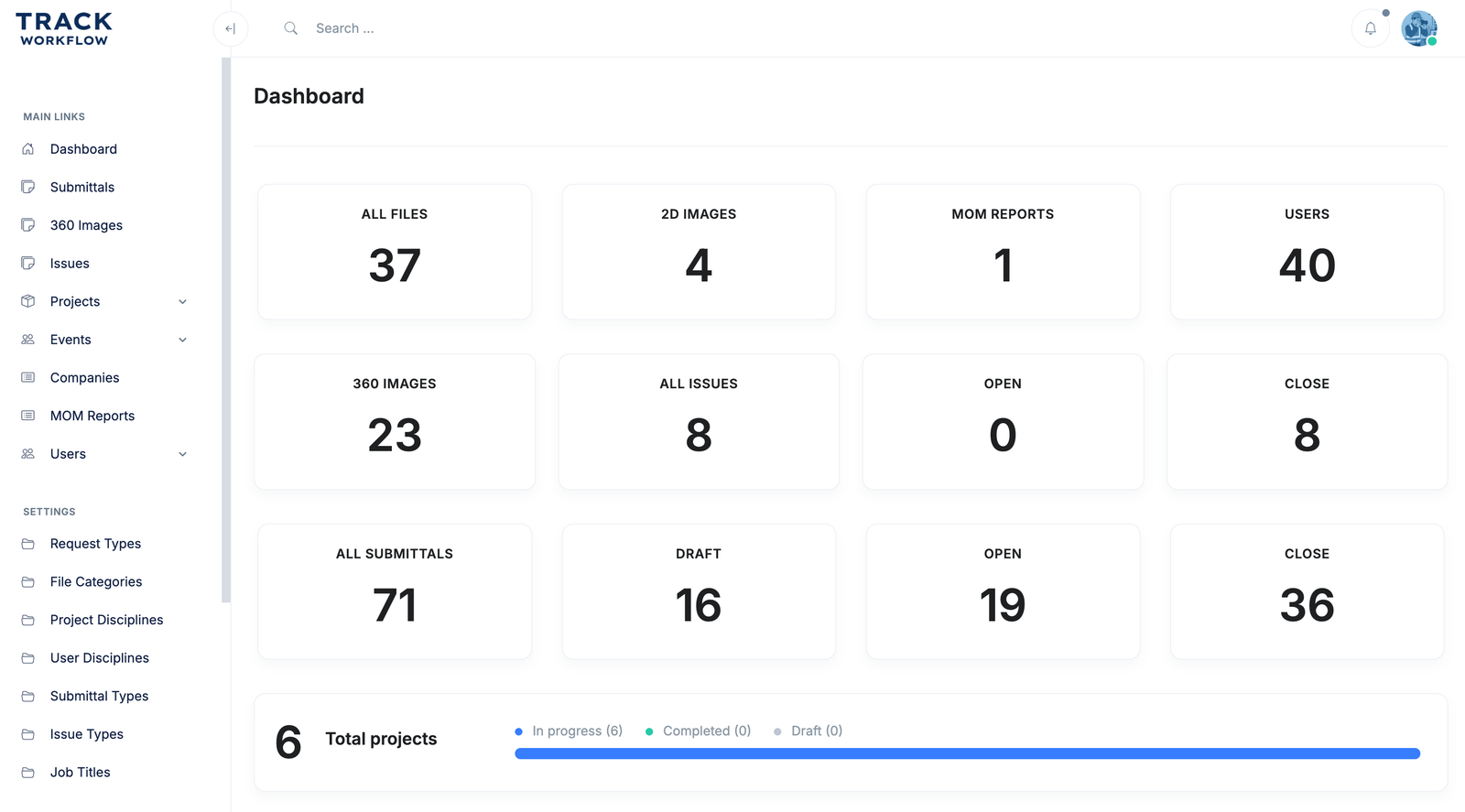 Track Workflow Dashboard für ein Bauprojekt
